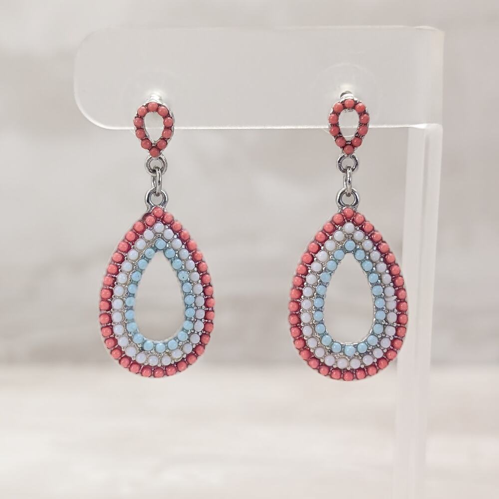 Vintage Stud Earrings Silver Tone, Light Blue, Pink & White Drop Dangle Earrings